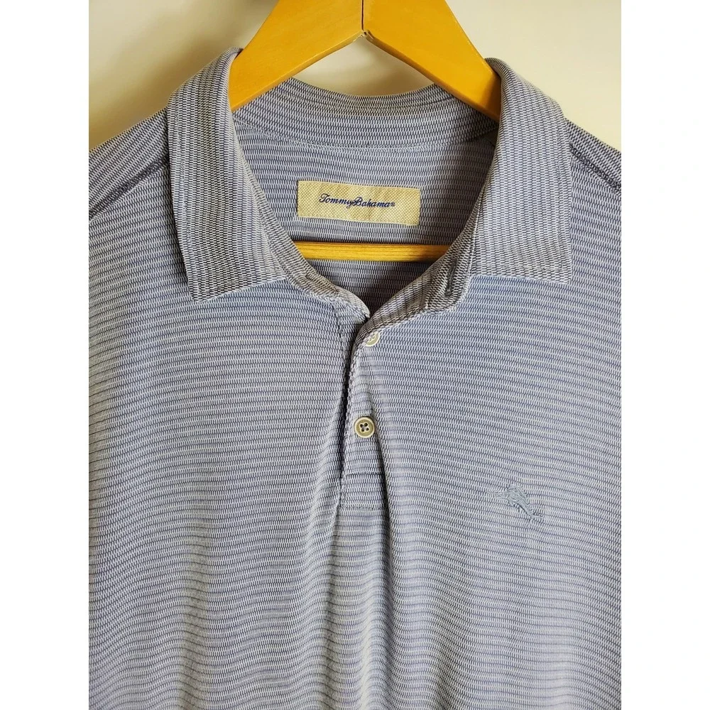 Tommy Bahama Polo Shirt Men's Medium Blue Striped Modal Blend Short Sleeve Casua